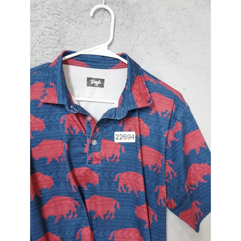 Waggle Polo Shirt Mens Large Buffalo Bison Print Golf Performance Blue Aztec Red - Picture 7 of 7